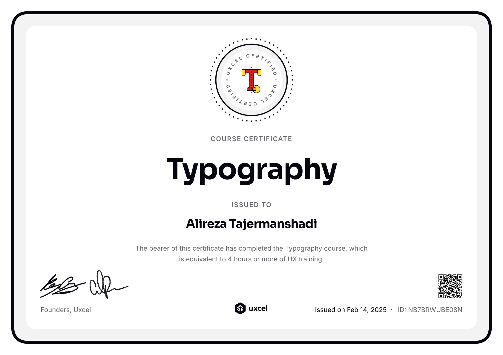 Alireza Tajermanshadi's certificate